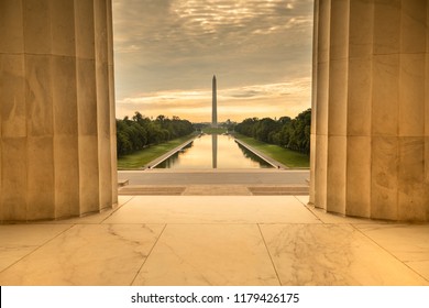 Washington DC Monument and the US Capitol Building across the reflecting pool from the Lincoln Memorial on The National Mall USA