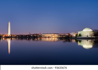 Washington DC National Mall, including Washington Monument and Thomas Jefferson Memorial with mirror reflections on water