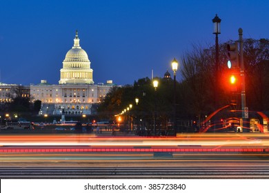 Washington DC At Night - US Capitol Building With Car Lights Trails Foreground
