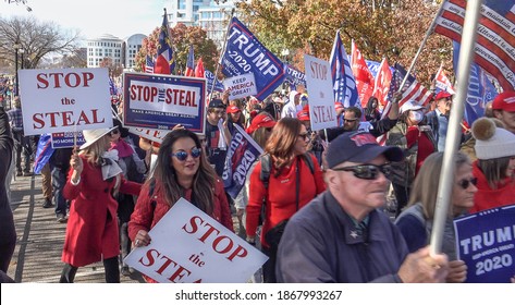 WASHINGTON, DC - NOV. 14, 2020: "Voter Fraud" rally marches to Supreme Court in support of Donald  Trump, who refused to concede  election. Women for America First, Stop the Steal, Million MAGA March