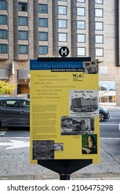 Washington D.C. - Nov. 22, 2021: Civil War To Civil Rights, Downtown Heritage Trail Sign For The Willard InterContinental Hotel Tells Some History Of The Hotel And The Origin Of The Term 