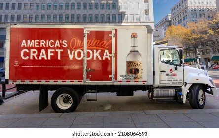 Washington D.C. - Nov. 23, 2021:  Beverage Delivery Truck Parked On The Street Has Advertising For Tito's Vodka, 