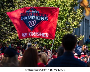 Washington DC - November 01 2019:  Flag Waving During Washington Nationals World Series Parade In Downtown Washington DC