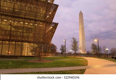 WASHINGTON, DC - NOVEMBER 25, 2016:  The Washington Monument And The Newly Opened Museum Of African American History And Culture Are Major Tourist Attractions Located On The National Mall.