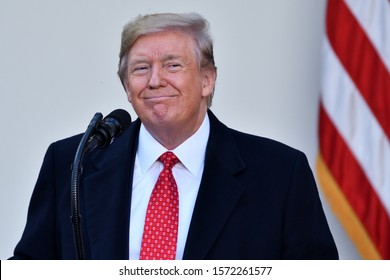 WASHINGTON, DC - NOVEMBER 26, 2019: President Donald Trump Smiles As He Speaks To The Crowd Assembled At The Annual Thanksgiving Turkey Pardon Ceremony In The White House Rose Garden.