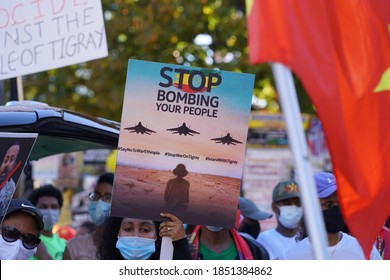 Washington, DC – November 9, 2020: Protesters Demonstrating At Black Lives Matter Plaza Against The Escalating Military Conflict In Ethiopia’s Tigray Province.