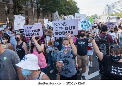 WASHINGTON, DC - OCT. 2, 2021: Women's March in Washington demanding continued access to abortion after the ban on most abortions in Texas, and looming threat to Roe v Wade in upcoming Supreme Court.