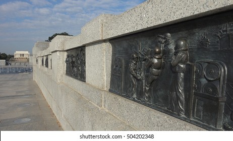 WASHINGTON, DC - OCT. 2016: Bronze Bas Relief Panel, WW II Memorial, Depicts Naval Ship Anti-aircraft Battery. Lincoln Memorial In Distance. There's 24 Bronze Panels At World War II Memorial.