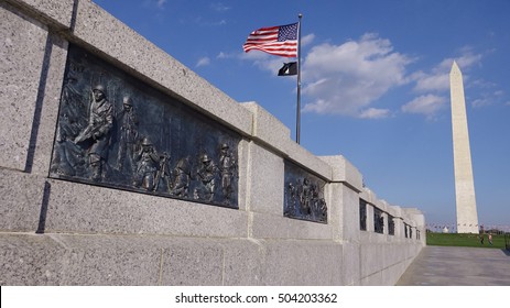 WASHINGTON, DC - OCT. 2016: Bronze Bas Relief Panels, WW II Memorial, Washington Monument. There Are 24 Bronze Panels With Scenes From Atlantic & Pacific, Homefront.                               