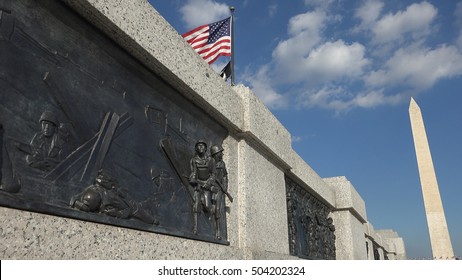 WASHINGTON, DC - OCT. 2016: Close On One Bronze Bas Relief Panel Depicting D-Day, WW II Memorial. There Are 24 Detailed Panels With Scenes From Atlantic & Pacific Theaters, And From The Homefront