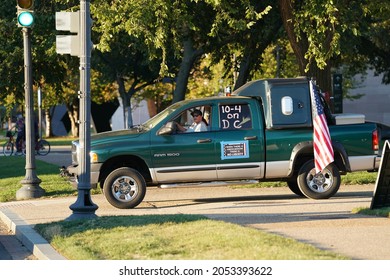 Washington, DC – October 1, 2021: A Woman Drives A Truck With A Sign On It Referring To COVID Vaccine Madates, Proclaiming There Is No Liberty If There Is Forced Medicine.