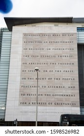 Washington, D.C. October 18, 2019. Inscription Of The 1st Amendment To The US Constitution On The Facade Of The Newseum Building In Washington, D.C.