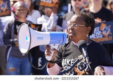 Washington, DC – October 6, 2022: Activist Crystal Parker Speaks At The Health And Human Services Building During A Protest Against Big Pharma's Unaffordable Prescription Drug Prices.