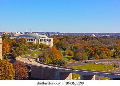 Washington DC Panorama As Seen From The Potomac River Waterfront Building In Autumn. Park Zone Around US Capital City Downdown.