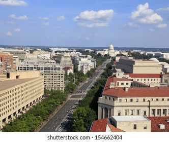 Washington DC, Pennsylvania Avenue, Aerial View With Federal Buildings Including US Archives Building, Department Of Justice And US Capitol