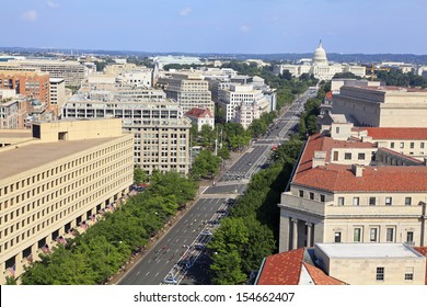 Washington DC, Pennsylvania Avenue, Aerial View With Federal Buildings Including US Archives Building, Department Of Justice And US Capitol