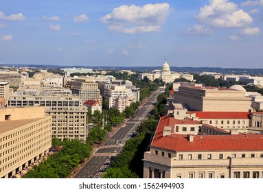 Washington DC, Pennsylvania Avenue, Aerial View With Federal Buildings Including US Capitol