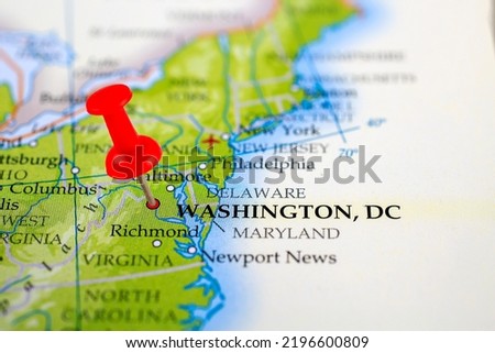 Washington DC pin map. Close up of Washington DC map with red pin. Map with red pin point of Washington DC in USA.
