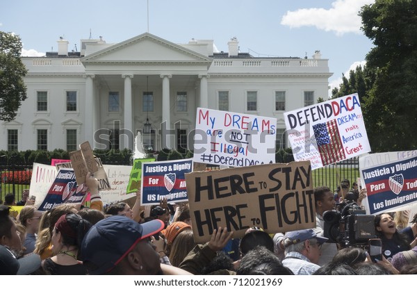 WASHINGTON, DC - SEPT. 9, 2017:
Demonstrators at the White House protest President Trump's decision
to phase out DACA, the Deferred Action for Childhood Arrivals
program, affecting 800,000
