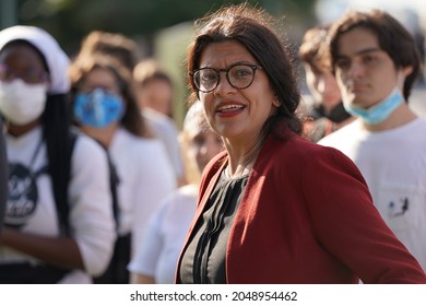 Washington, DC – September 27, 2021: Rep. Rashida Tlaib (D-MI) Speaks At A Demonstration For The Pending Infrastructure Bill And The Inclusion Of A Green Approach To Rebuilding America.