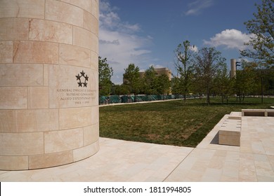 Washington, DC – September 8, 2020: A Column With Five Star General Dwight D. Eisenhower's Stars And Years Of Military Service  At The New Eisenhower Memorial. 