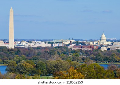 Washington DC Skyline In Autumn With Washington Monument, United States Capitol Building And Potomac River