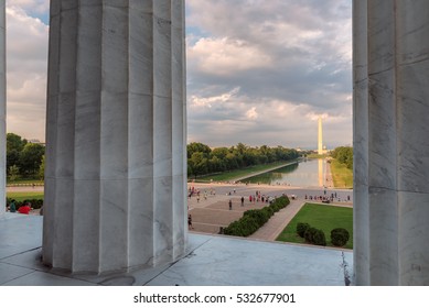 Washington DC Skyline. Columns Of Lincoln Memorial With Washington Monument.