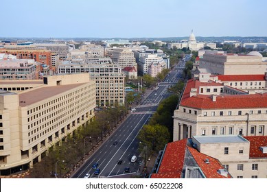 Washington DC Skyline With Government Buildings And Capitol Hill On Pennsylvania Avenue.