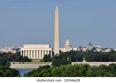 Washington DC Skyline Including Lincoln Memorial, Washington Memorial And US Capitol Building As Seen From Arlington,Virginia.