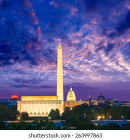 Washington DC skyline with Monument Capitol and Abraham Lincoln memorial sunrise