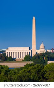 Washington DC Skyline With Monument Capitol And Abraham Lincoln Memorial