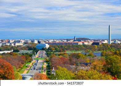 Washington DC Skyline With Washington Monument, United States Capitol Building, And Potomac River In Autumn