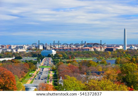 Washington DC skyline with Washington Monument, United States Capitol building, and Potomac River in Autumn