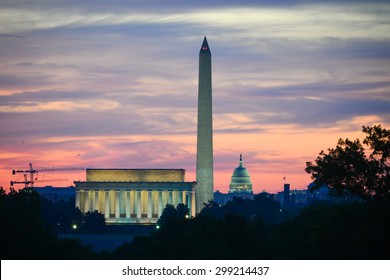 Washington DC - Skyline With Monuments At Sunrise