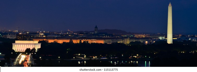 Washington DC Skyline At Night, Including Lincoln Memorial, Washington Monument And Arlington Memorial Bridge