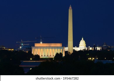 Washington DC Skyline At Night Including Lincoln Memorial, Washington Monument And United States Capitol Building 