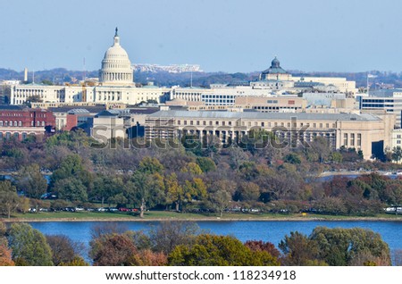 Washington DC skyline with United States Capitol Building and other federal buildings in autumn