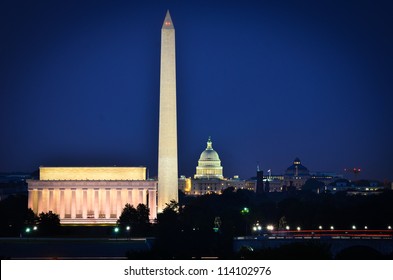 Washington DC Skyline View With Lincoln Memorial, Washington Monument And US Capitol Building At Night