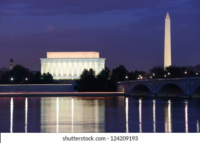 Washington DC Skyline View With Lincoln Memorial, Washington Monument And Memorial Bridge On Potomac River At Night