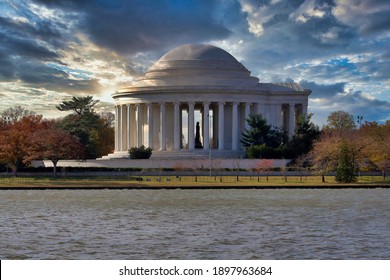 Washington DC, Thomas Jefferson Memorial in autumn with yellow tree branches foreground