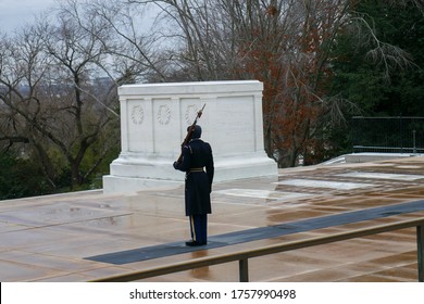 Washington DC, United States, 18 January 2020: Soldier Guarding The Tomb Of The Unknown Soldier, Arlington National Cemetery