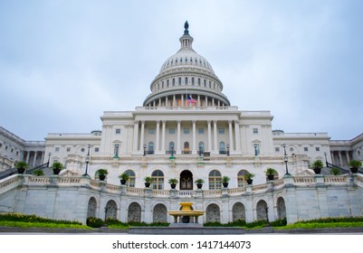 Washington D.C., United States Of America - 11 09 2018: Senate Building With US Flag At Half Mast On Patriot Day Full View