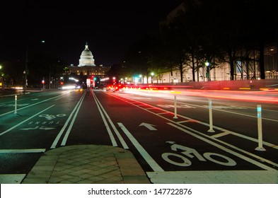 Washington DC, United States Capitol Building Night View From From Pennsylvania Avenue With Car Lights Trails 