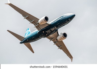 WASHINGTON, DC, UNITED STATES - Jul 16, 2018: Boeing 737-7 MAX displaying at the Farnborough International Airshow in July 2018