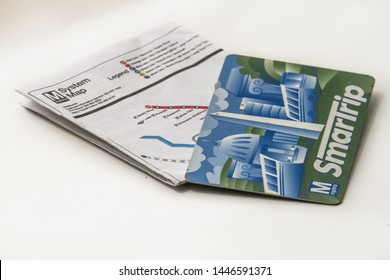 WASHINGTON DC, UNITED STATES - July, 9 2019: Smartrip D,C Metro, And  Metrorail Pocket Guide. Map Of Metro Stations
