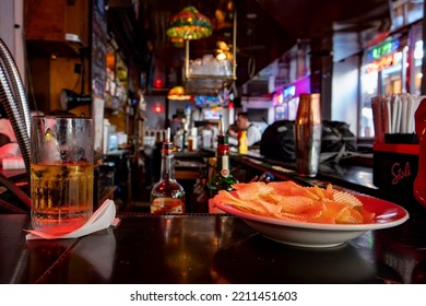 Washington, DC, United States-October 06, 3022 Beer And Snacks At The End Of The Bar                               