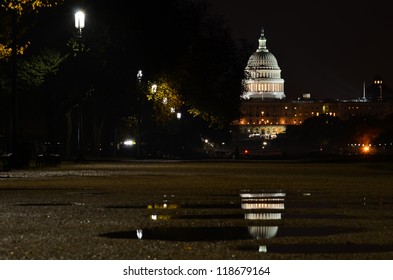 Washington DC, US Capitol Building After Rain At Night