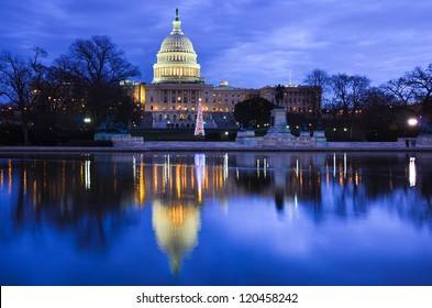 Washington DC, US Capitol Building With Christmas Tree At Sunrise