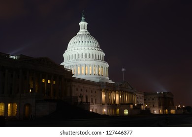 Washington DC, US Capitol Building East Facade In Winter - Night Shot