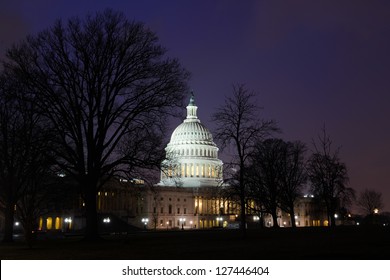 Washington DC, US Capitol Building East Facade In Winter - Night Shot